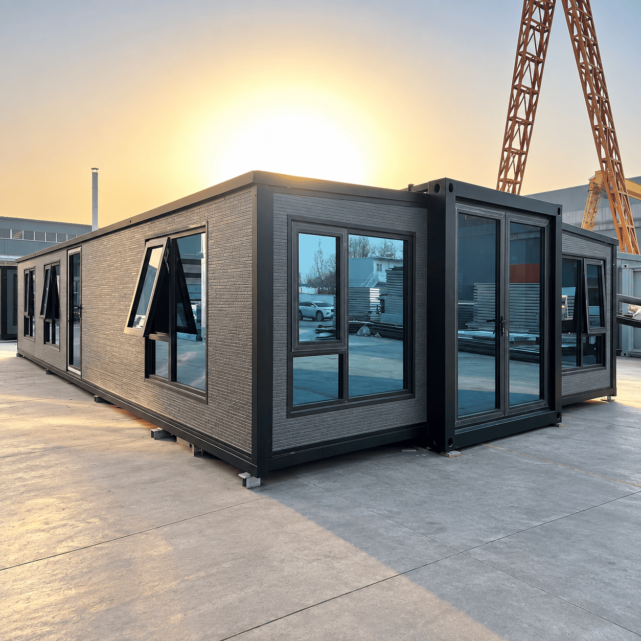 Casa Box 40フィート拡張可能なコンテナハウス |グレー テクスチャード クラッディング、ベッドルーム 3 室